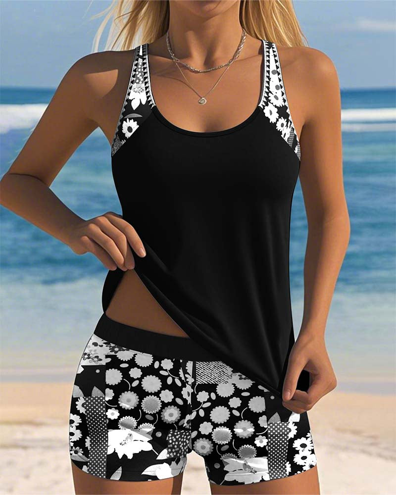 Lily - Swimsuit Tank Top with Printed Boxer Set