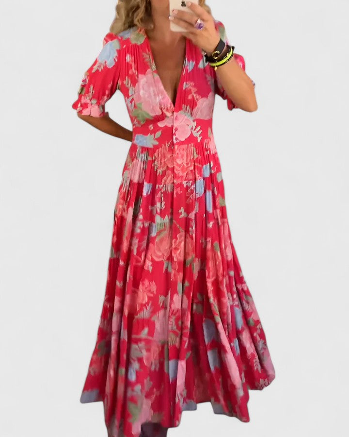 Solani - Elegant Floral V neck Dress