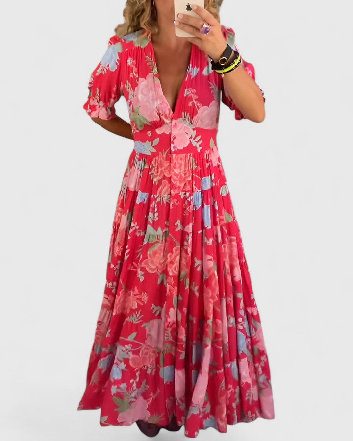 Solani - Elegant Floral V neck Dress