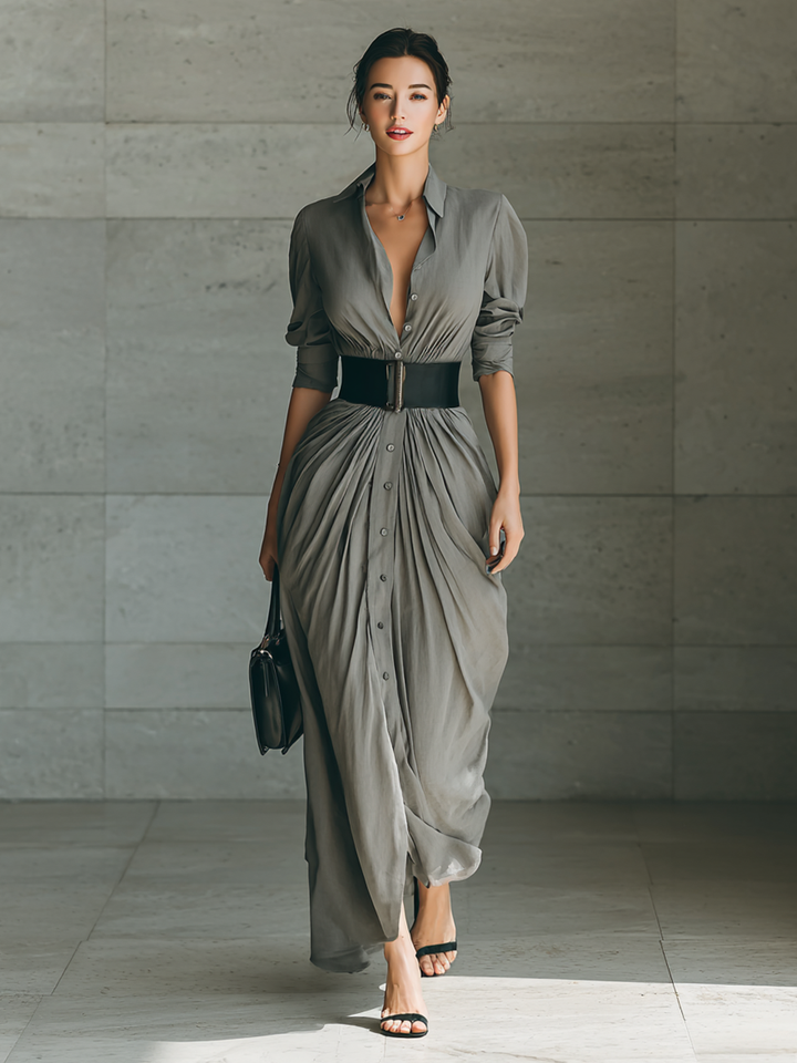 Avenlea - Long dress with lapel collar and long sleeves