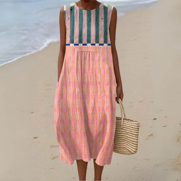 Tarselina - Vestido midi listrado em tons pastel